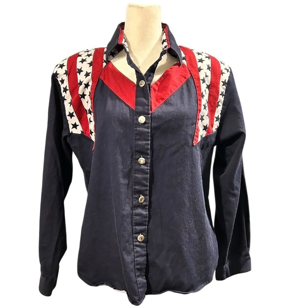 ROPER VTG Americana Stars and Stripes Western Cowboy Cowgirl Cutout Neck Back 10
